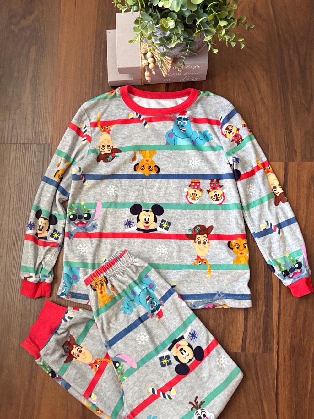 Disney Gray Holiday Character Pajama Set with Red Trim